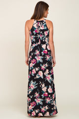 Black Floral Halter Side Slit Maxi Dress