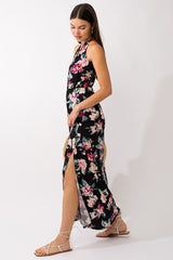 Black Floral Halter Side Slit Maxi Dress