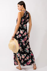 Black Floral Halter Side Slit Maxi Dress