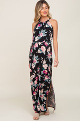 Black Floral Halter Side Slit Maternity Maxi Dress