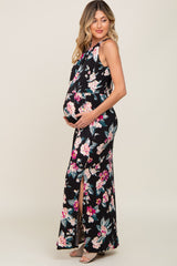 Black Floral Halter Side Slit Maternity Maxi Dress