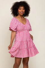 Pink Plaid Ruffle Tiered Dress