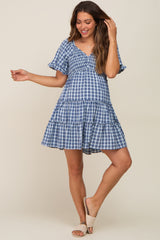 Navy Plaid Ruffle Tiered Maternity Dress