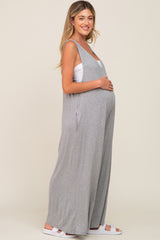 Heather Grey Deep V Sleeveless Wide Leg Maternity Jumpsuit