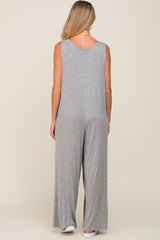 Heather Grey Deep V Sleeveless Wide Leg Maternity Jumpsuit