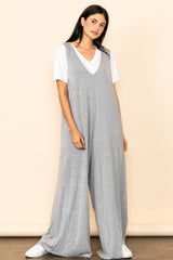 Heather Grey Deep V Sleeveless Wide Leg Jumpsuit