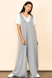 Heather Grey Deep V Sleeveless Wide Leg Jumpsuit