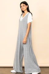 Heather Grey Deep V Sleeveless Wide Leg Jumpsuit