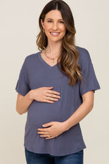 Blue V-Neck Basic Maternity Top