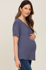 Blue V-Neck Basic Maternity Top