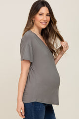 Olive V-Neck Basic Maternity Top