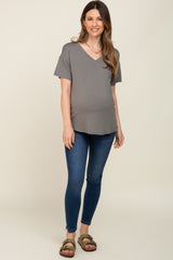 Olive V-Neck Basic Maternity Top