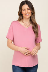 Pink V-Neck Basic Maternity Top