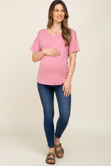 Pink V-Neck Basic Maternity Top