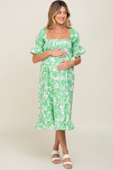 Green Leaf Print Cinched Puff Sleeve Maternity Midi Dress