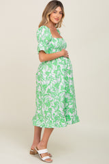 Green Leaf Print Cinched Puff Sleeve Maternity Midi Dress