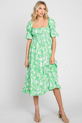 Green Leaf Print Cinched Puff Sleeve Midi Dress