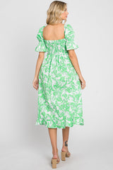 Green Leaf Print Cinched Puff Sleeve Midi Dress