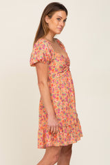 Orange Floral Sweetheart Ruched Front Short Sleeve Dress