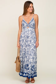 Navy Blue Floral Front Twist Maxi Dress