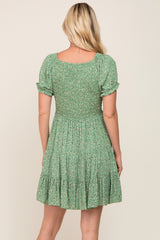 Green Floral Smocked V-Neck Short Sleeve Dress