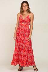 Red Floral Front Twist Maxi Dress