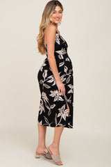 Black Floral Front Twist Maternity Midi Dress