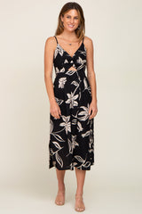 Black Floral Front Twist Maternity Midi Dress