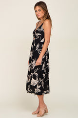 Black Floral Front Twist Midi Dress