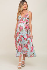 Light Blue Floral Front Twist Maternity Maxi Dress