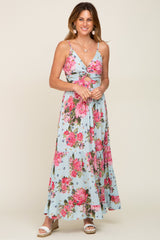 Light Blue Floral Front Twist Maxi Dress