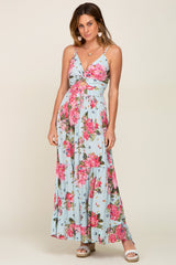 Light Blue Floral Front Twist Maxi Dress