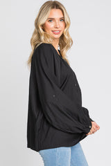 Black Button Front Long Puff Sleeve Top