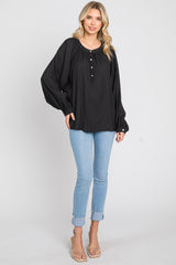 Black Button Front Long Puff Sleeve Top