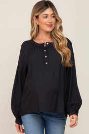 Black Button Front Long Puff Sleeve Maternity Top