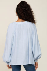 Light Blue Button Front Long Puff Sleeve Top