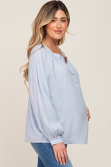 Light Blue Button Front Long Puff Sleeve Maternity Top