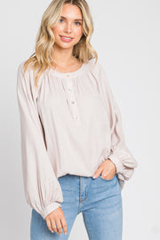 Taupe Button Front Long Puff Sleeve Top