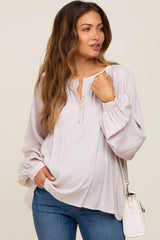 Taupe Button Front Long Puff Sleeve Maternity Top