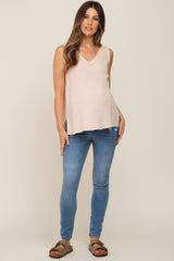 Beige Sleeveless Textured Maternity Top