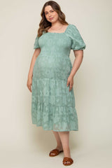 Mint Green Floral Textured Tiered Maternity Plus Midi Dress