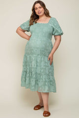 Mint Green Floral Textured Tiered Maternity Plus Midi Dress