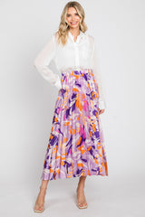 Lavender Printed Satin Pleated Maternity Midi Skirt