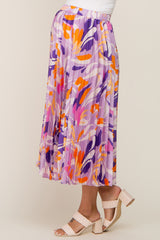 Lavender Printed Satin Pleated Maternity Midi Skirt