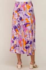 Lavender Printed Satin Pleated Maternity Midi Skirt