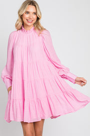 Pink Tiered Long Sleeve Ruffled Dress