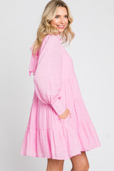 Pink Tiered Long Sleeve Ruffled Dress