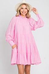 Pink Tiered Long Sleeve Ruffled Dress