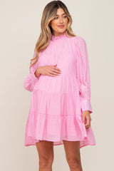 Pink Tiered Long Sleeve Ruffled Maternity Dress