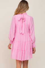 Pink Tiered Long Sleeve Ruffled Maternity Dress